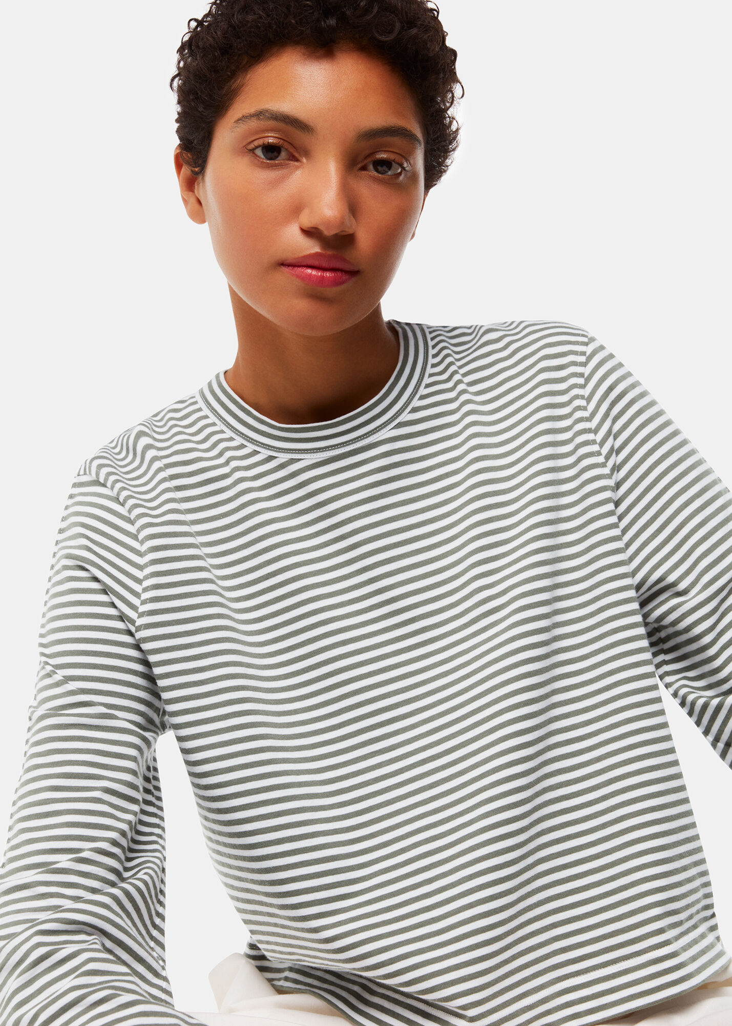 Khaki/Multi Stripe Crop Long Sleeve Tee | WHISTLES | Whistles US |